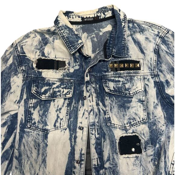 Imperious Acid Wash‎ Studded Blue White Button-Down Jacket Large - Picture 3 of 11
